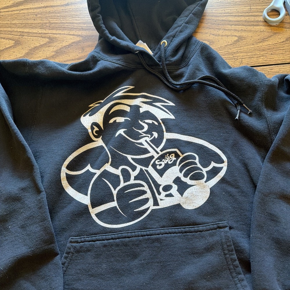 Swig Soda Mascot Graphic Hoodie Black Port & Company Core Fleece Small